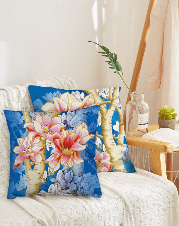 Diamond Dotz Magnolias On Blue 1 Pillow - 17.7" x 17.7"