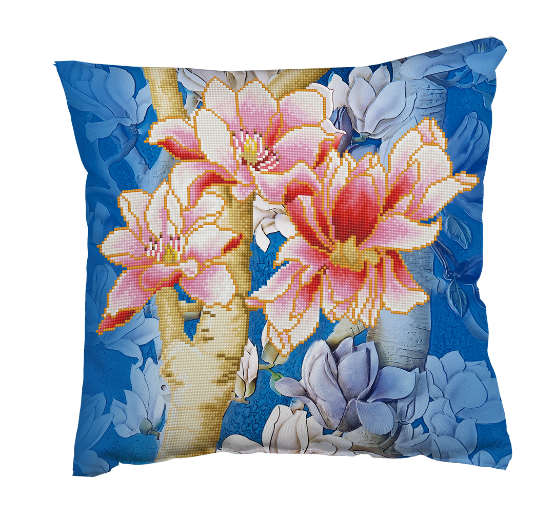 Diamond Dotz Magnolias On Blue 1 Pillow - 17.7" x 17.7"