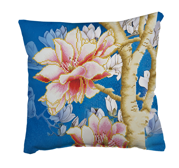 Diamond Dotz Magnolias on Blue 2 Pillow - 17.7" x 17.7"