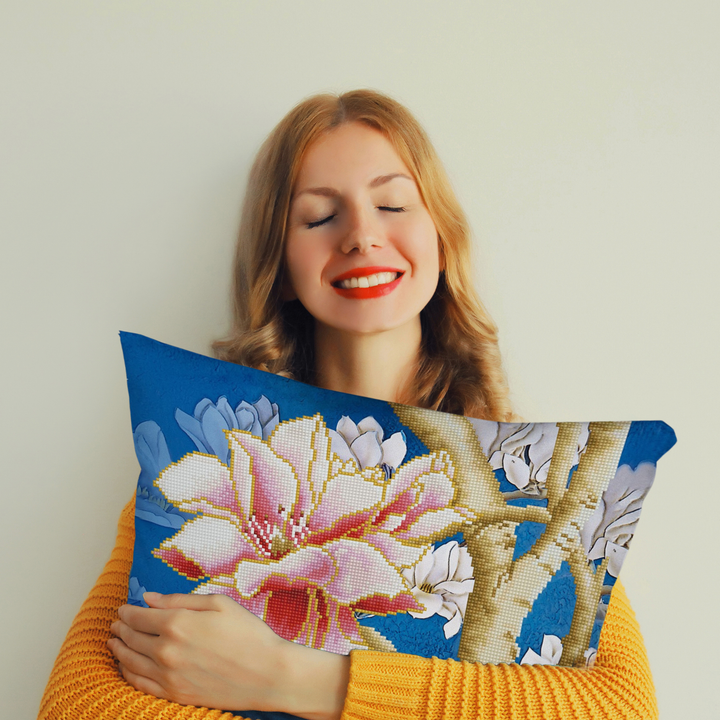 Diamond Dotz Magnolias on Blue 2 Pillow - 17.7" x 17.7"