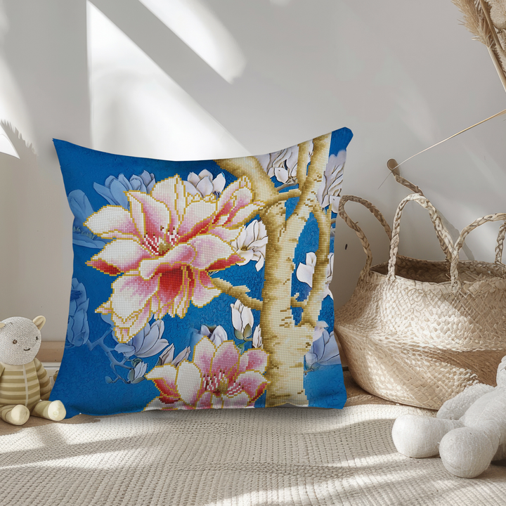 Diamond Dotz Magnolias on Blue 2 Pillow - 17.7" x 17.7"