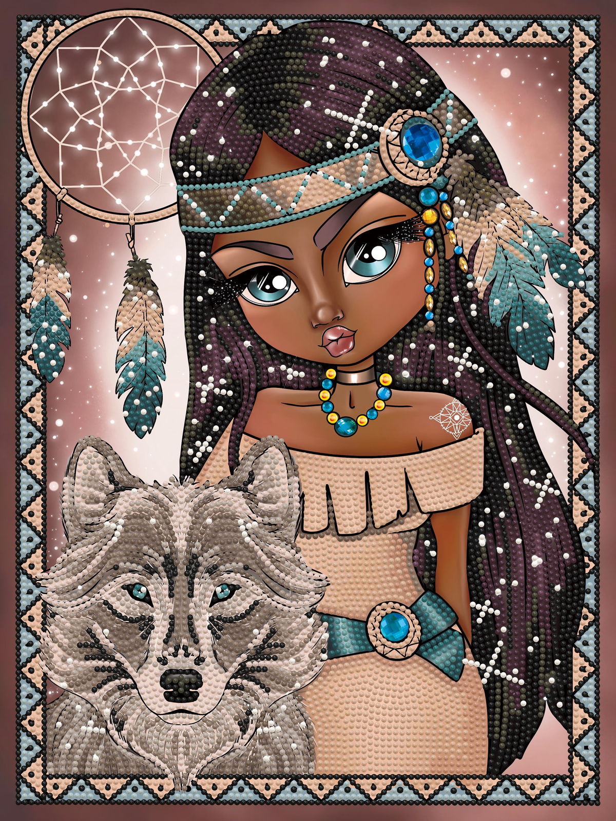 Indian Girl with Wolf | Diamond Painting Kits Wolf | Diamond Dotz